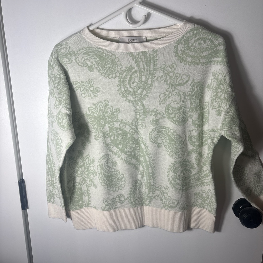 LOFT Sage Green Paisley Knit Sweater Boho Cottagecore